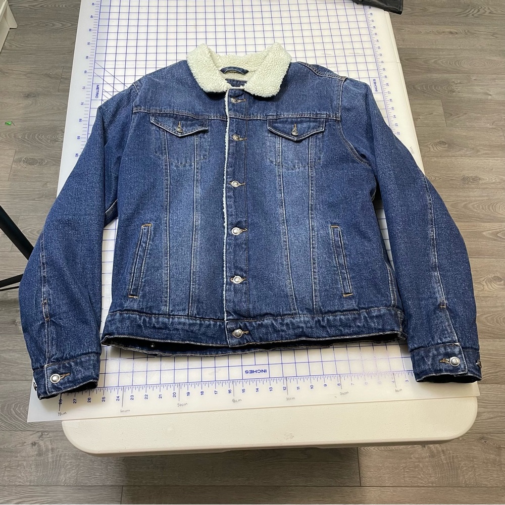 Men's Dark Blue Denim Sherpa‎ Collar Bomber Jacket